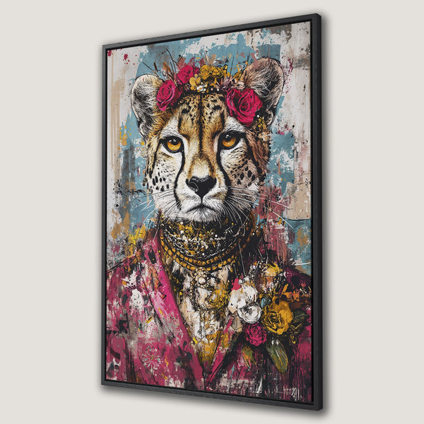 Framed Wall Art: Cheetah portrait with floral crown, vibrant abstract style, featuring pink, blue, and gold hues. Perfect for adding a touch of wild elegance.