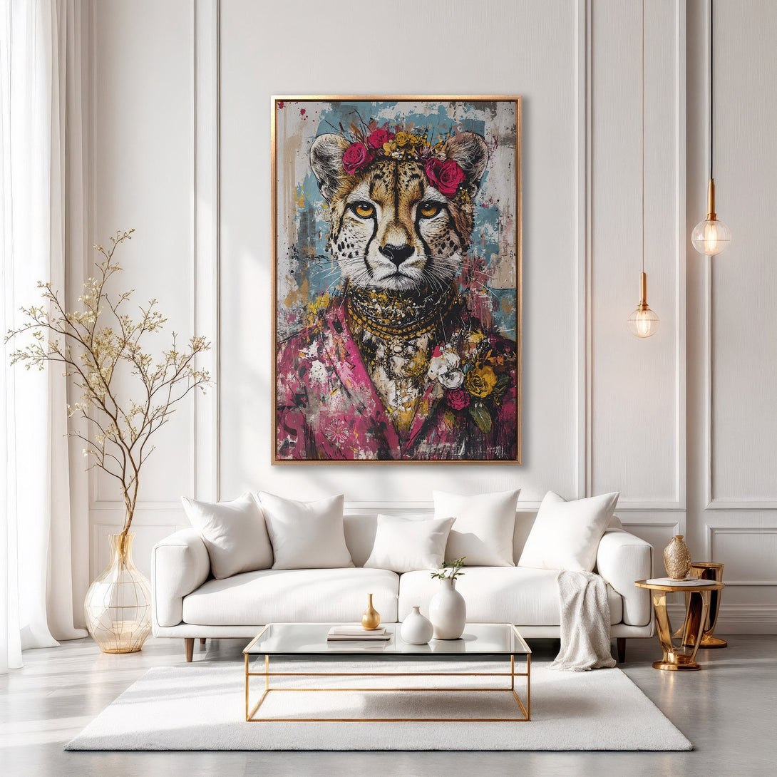 Framed Wall Art: Regal cheetah portrait in a modern interior. Colorful artwork with pink, gold, and blue hues. Elevate your space with this unique piece!