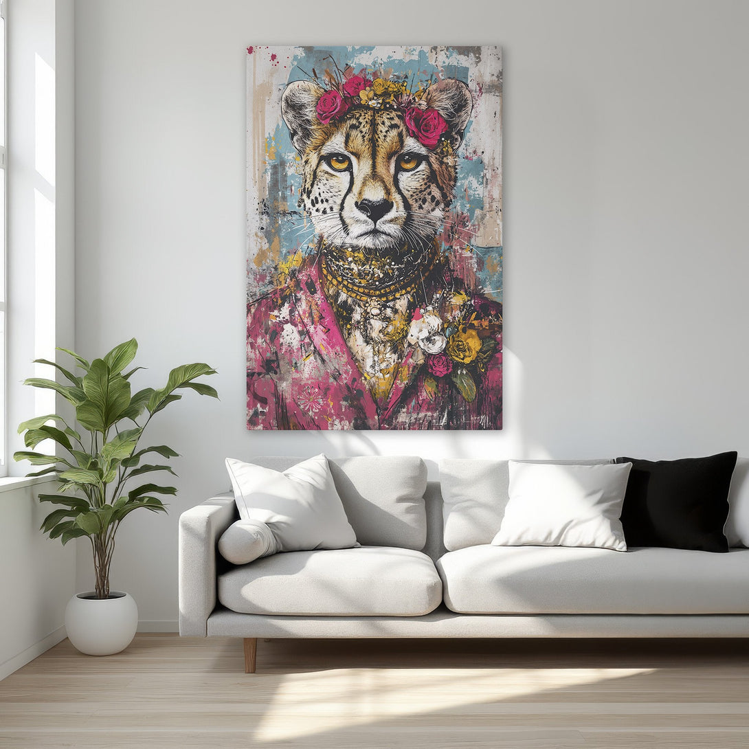 Framed Wall Art featuring a cheetah portrait with floral crown, vibrant pink & teal color palette, perfect for adding a touch of luxury.