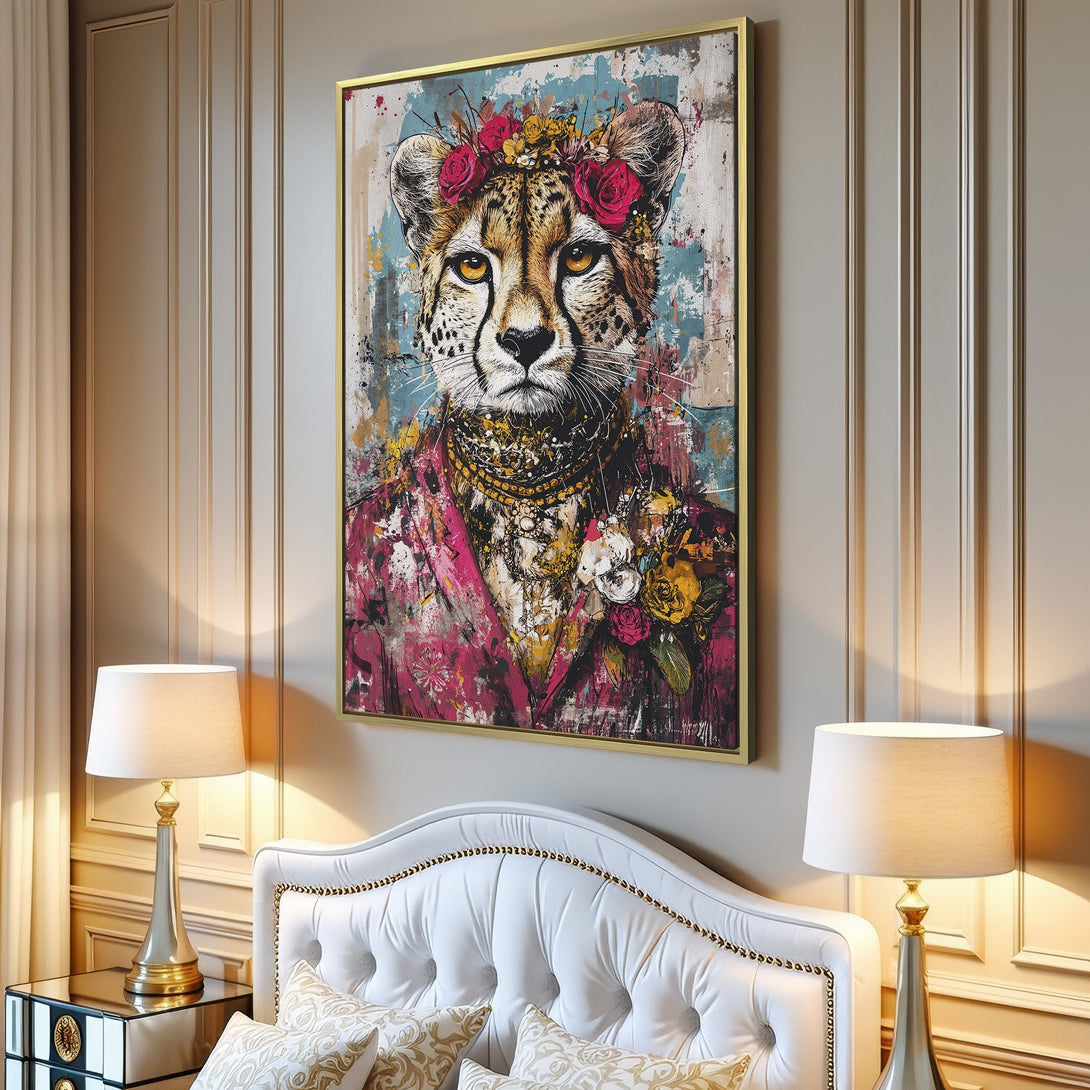 Canvas Print of a regal cheetah with floral crown & pink jacket, displayed in a modern interior. Features vibrant colors and an artistic, abstract style.