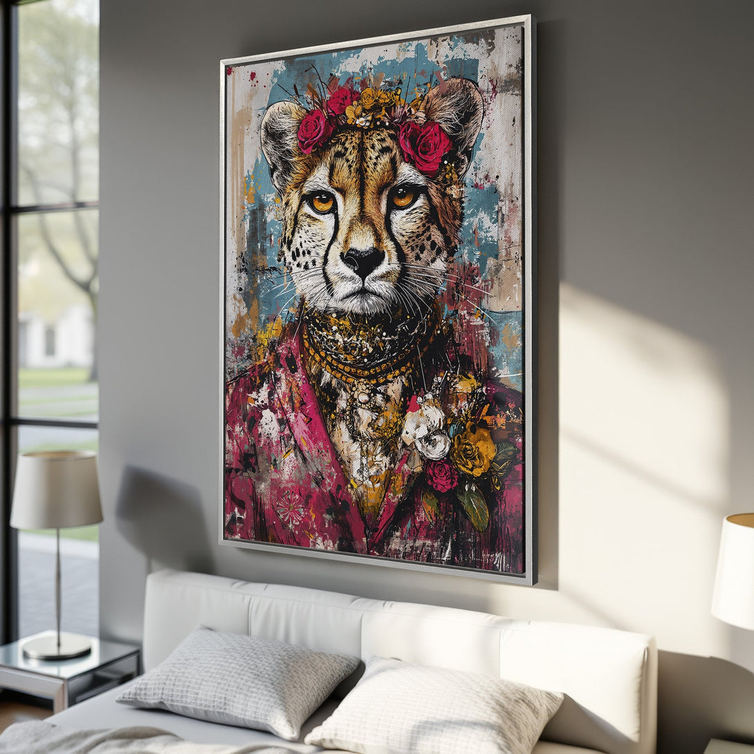 Framed Wall Art: Cheetah portrait with floral crown. Abstract style, vibrant colors. Perfect for adding personality to your bedroom decor.