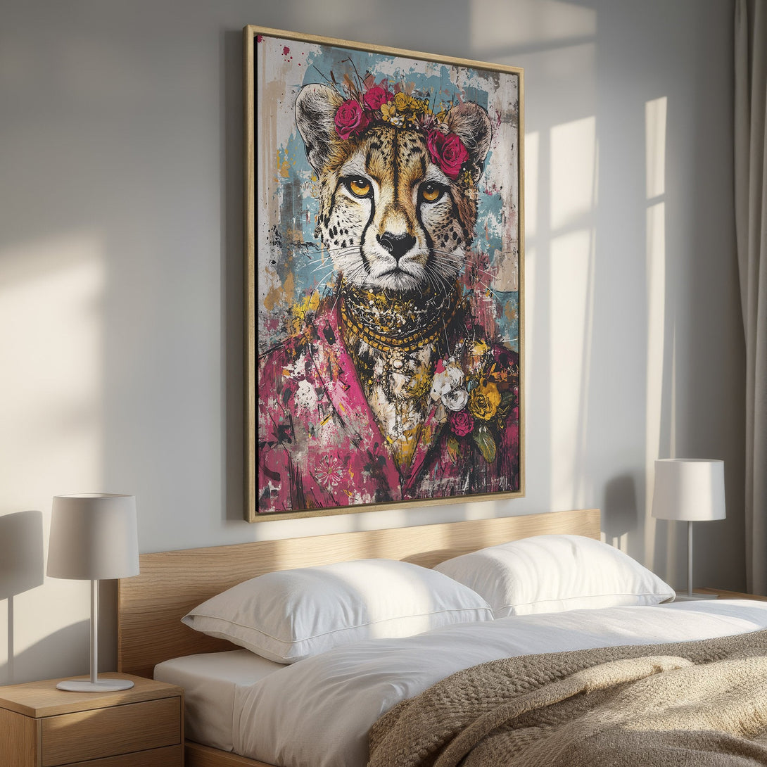 Framed Wall Art: Regal cheetah portrait with floral crown, vibrant pink, blue, and gold abstract background. Adds a touch of wild elegance to any room.