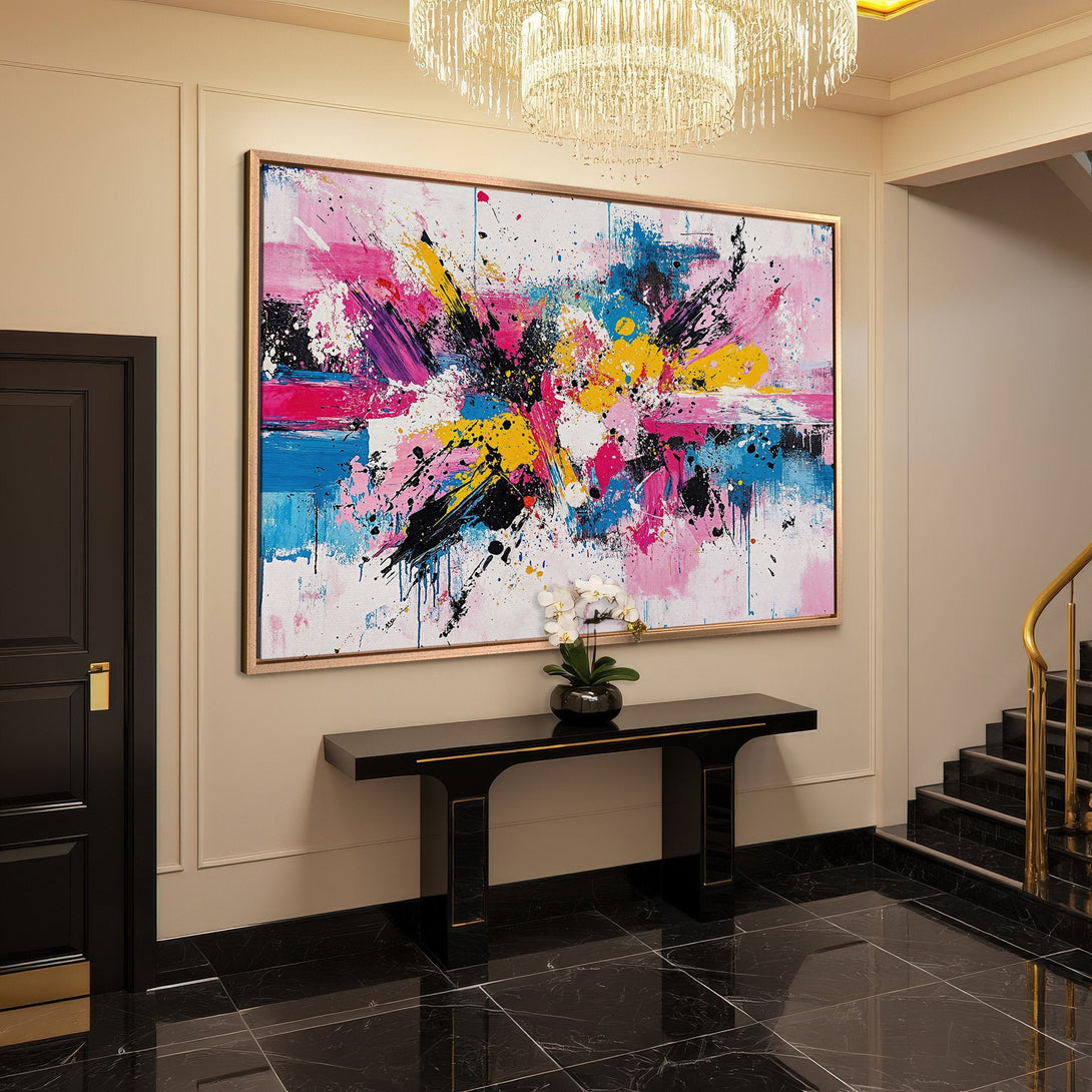 Framed Wall Art: Abstract expressionist Canvas Print with vibrant pink, blue, yellow, and black paint strokes. Modern art for stylish home decor.