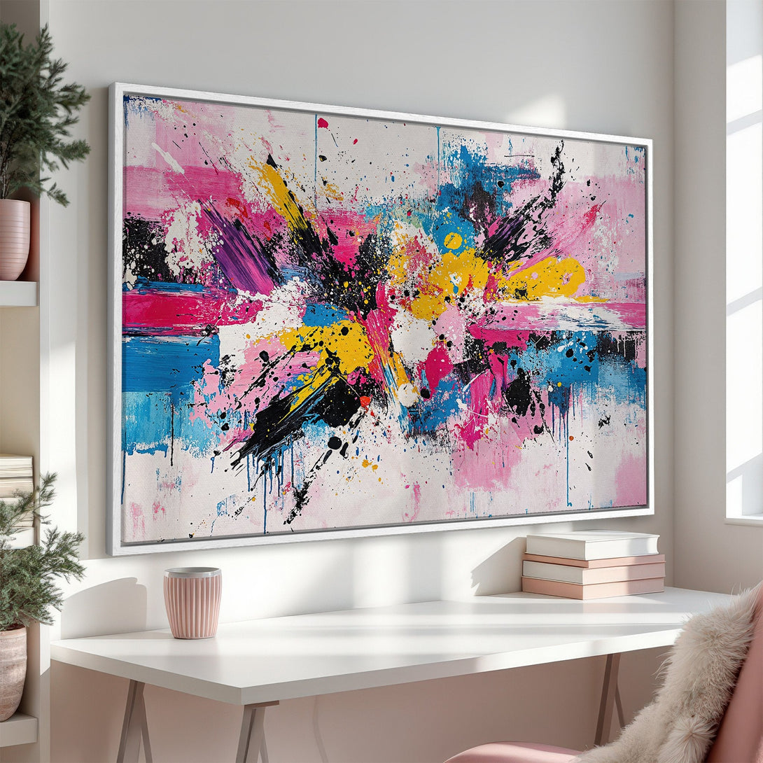 Framed Wall Art: Abstract expressionist painting in vibrant pink, blue, yellow, and black. Modern art Canvas Print to brighten any space.