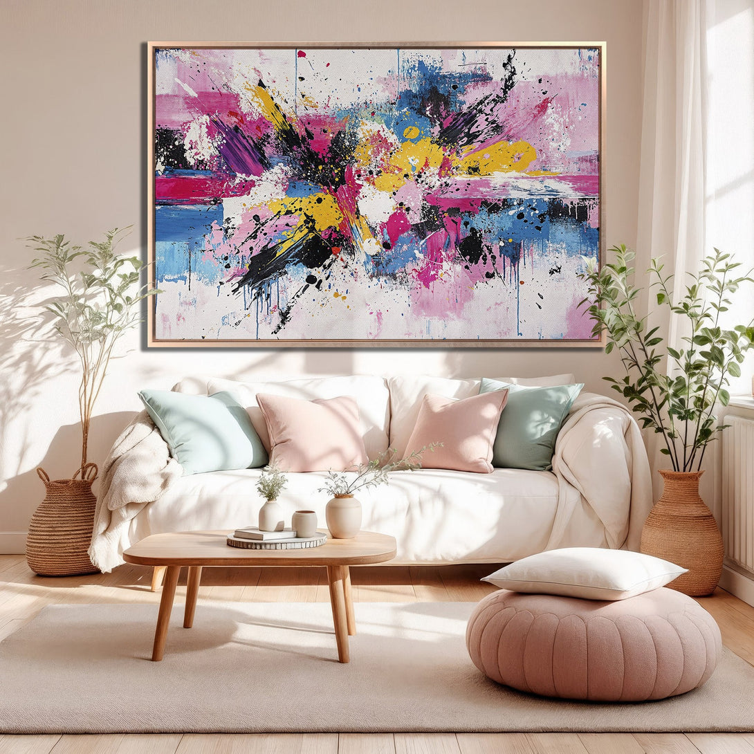 Framed Wall Art abstract expressionist painting in pink, blue, yellow, and black. Modern art canvas print for living room decor.
