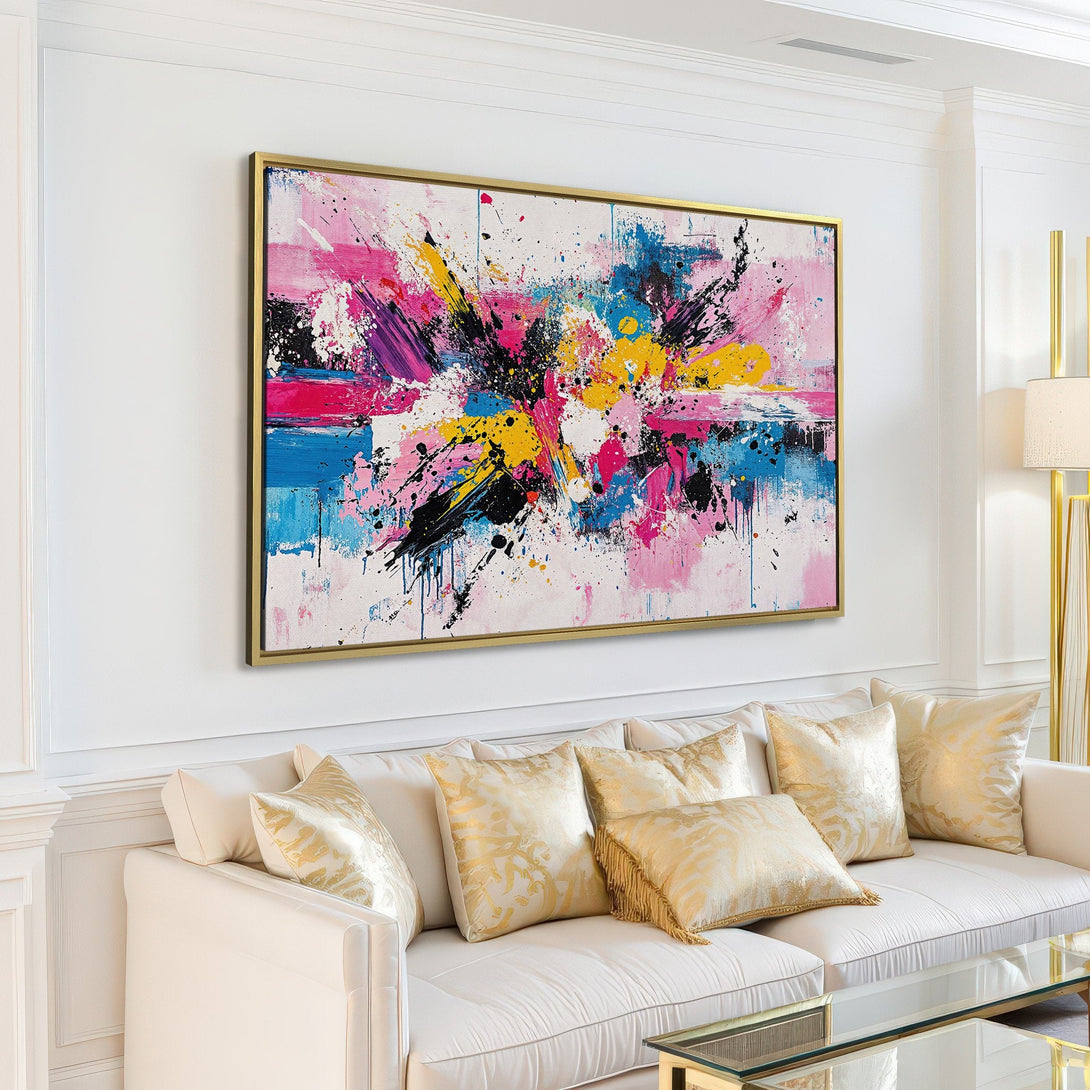 Abstract Canvas Print art in a modern living room. Features a colorful, expressive abstract painting with pink, blue, yellow, and black hues. Perfect wall decor.