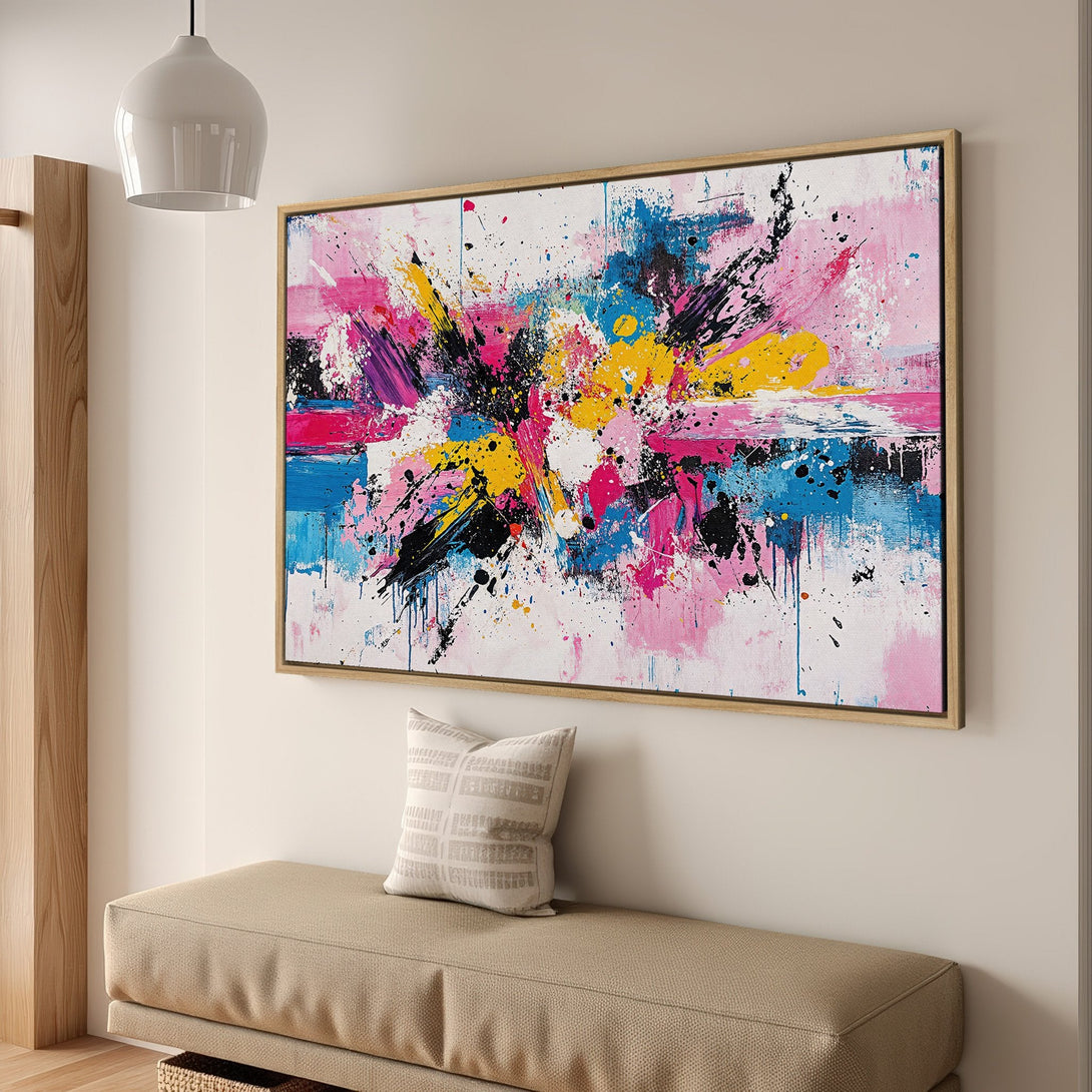 Framed Wall Art - Abstract expressionist Canvas Print with vibrant pink, blue, yellow, and black paint splatters. Modern art for your home decor.