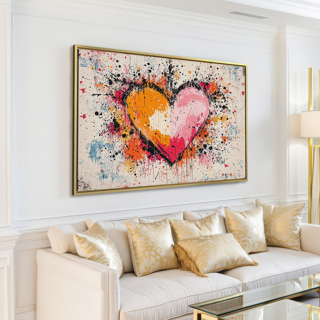 Canvas Print featuring a vibrant abstract heart in orange and pink hues, perfect for modern home decor.