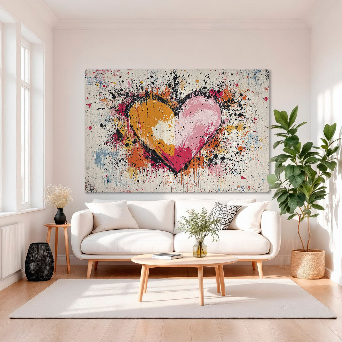 Framed Wall Art: Abstract heart canvas print with vibrant orange, pink, and black splatter art. Modern decor for living room.