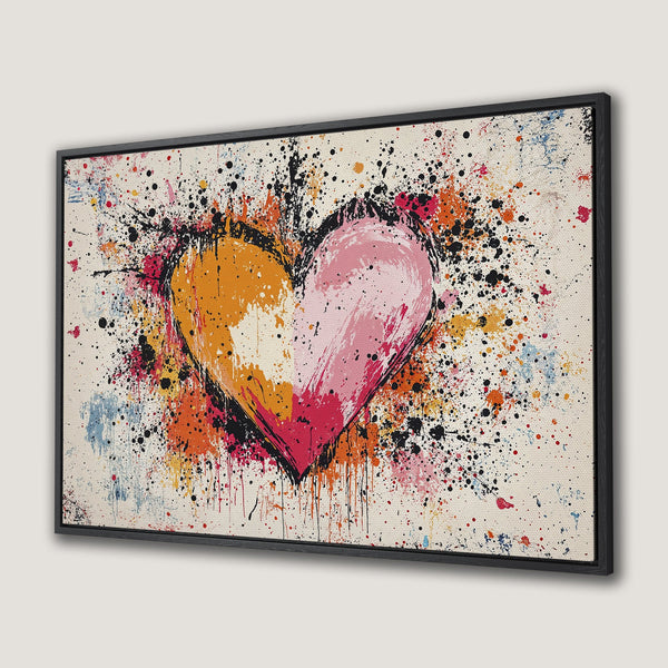 Framed Wall Art: Abstract heart canvas print in vibrant pink, orange, and black. Modern art style with a splash of color for your home decor.