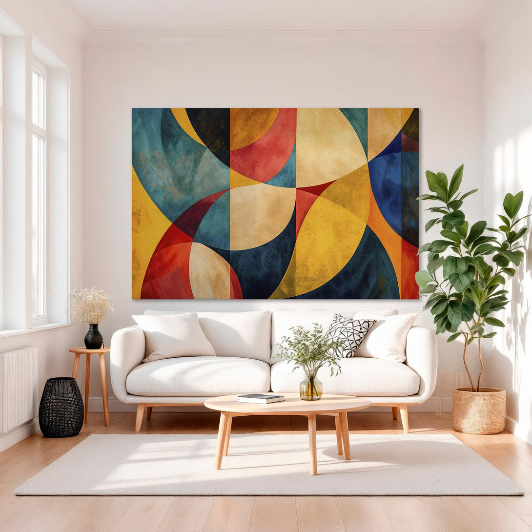 Framed Wall Art: Abstract geometric canvas print in vibrant colors (red, yellow, blue, teal) displayed in a modern living room. Perfect for adding a pop of color!