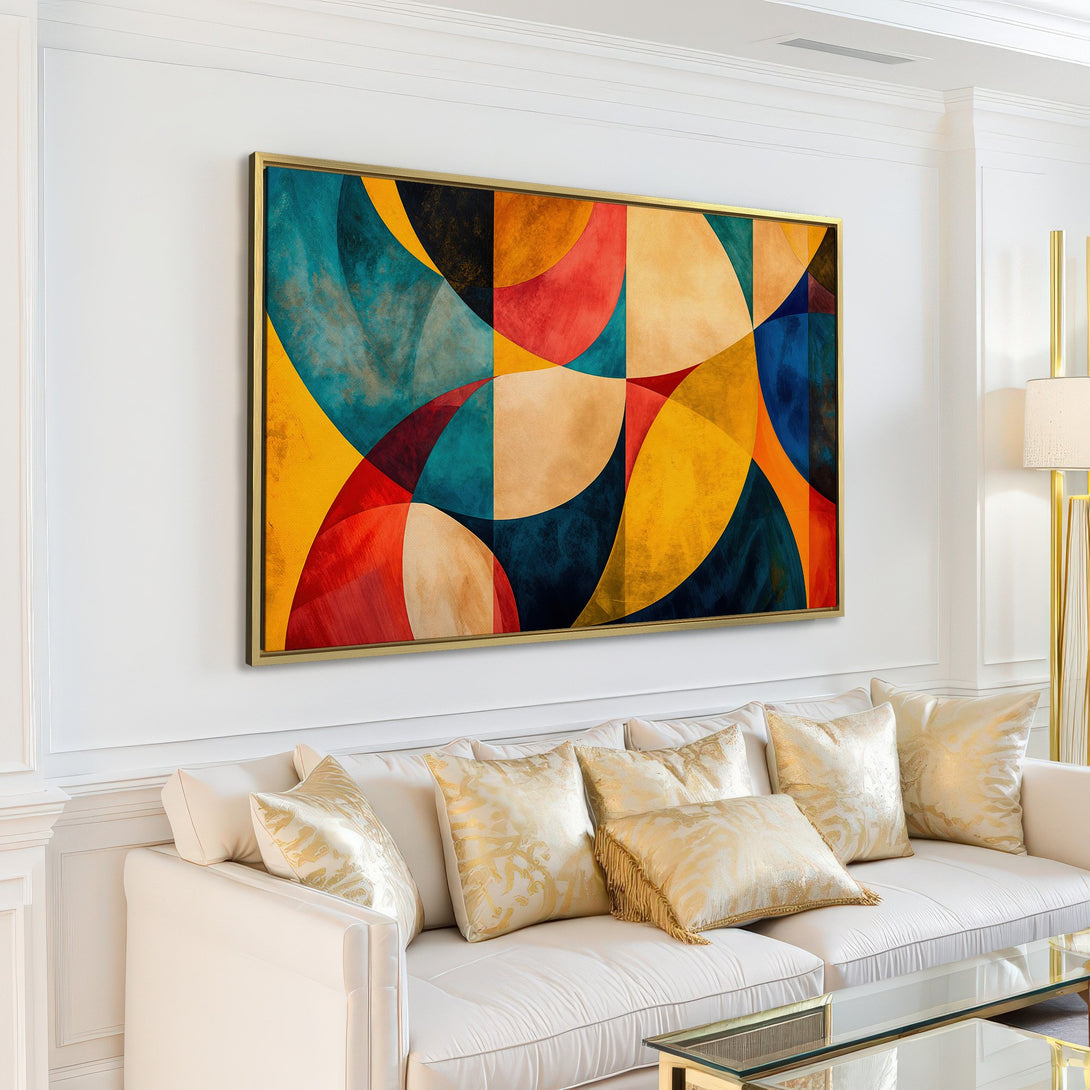 Abstract Canvas Print in warm tones. Modern geometric art with yellow, blue, and red hues. Perfect for living room decor.
