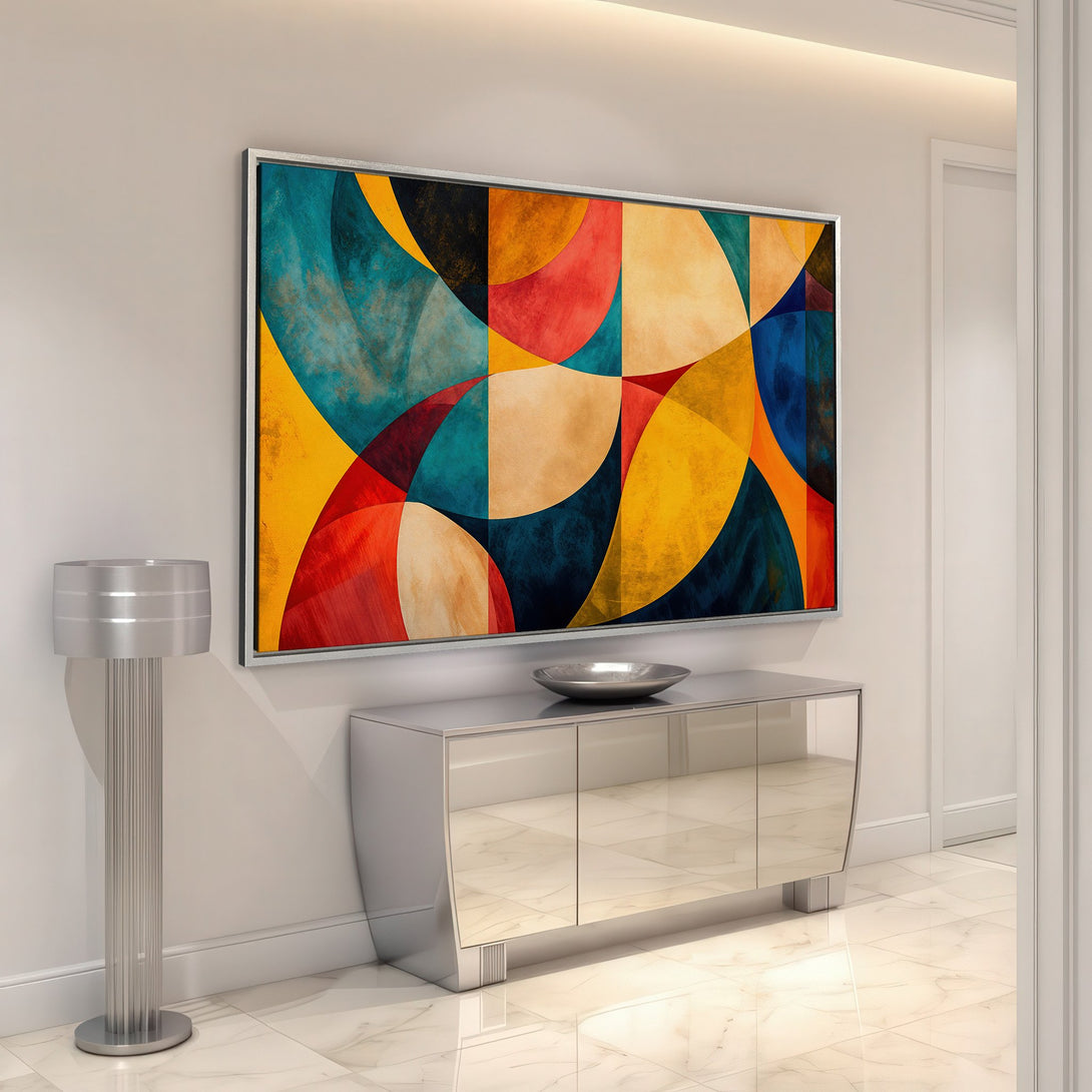 Framed Wall Art: Modern abstract art canvas print with vibrant colors (red, yellow, blue) perfect for stylish home decor. Add a pop of color to your space!