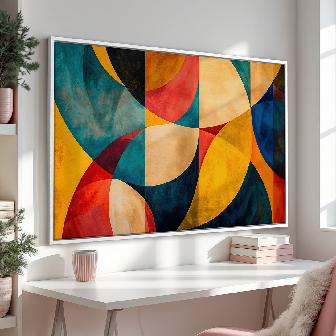 Framed Wall Art: Abstract geometric Canvas Print in vibrant colors (red, yellow, blue). Modern art for home decor, perfect for adding a pop of color.