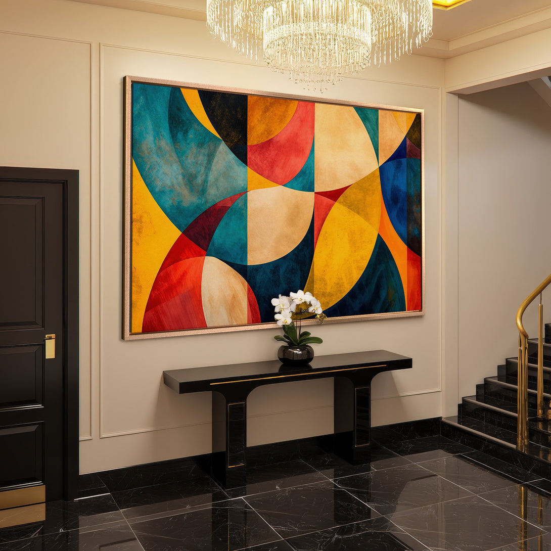 Framed Wall Art: Abstract geometric Canvas Print with vibrant colors (red, yellow, blue) in a modern interior, perfect for home decor.