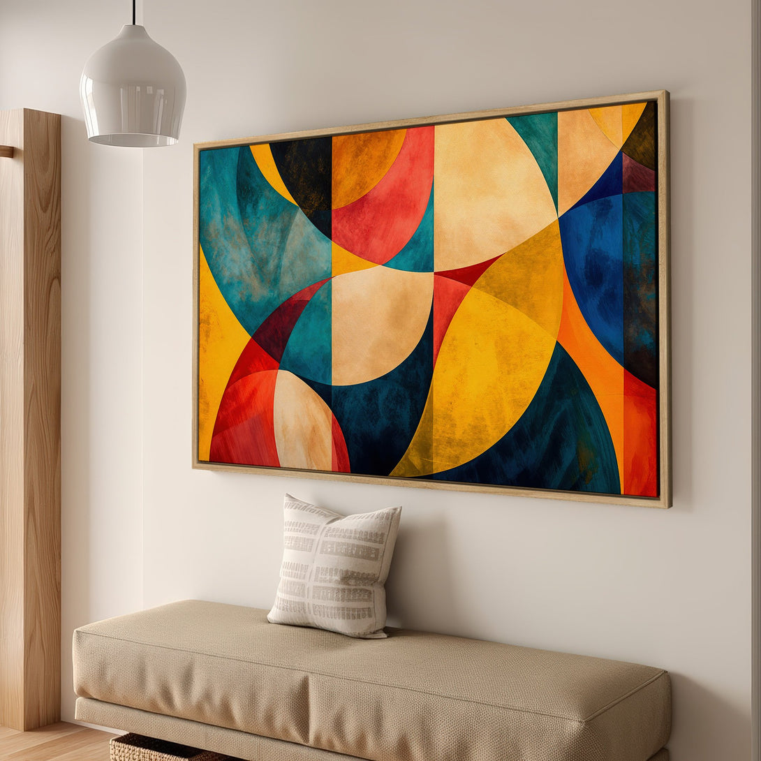 Framed Wall Art: Abstract geometric art print with vibrant colors. Modern decor featuring a colorful palette of teal, red, yellow, and orange. Add a pop of color to your space!