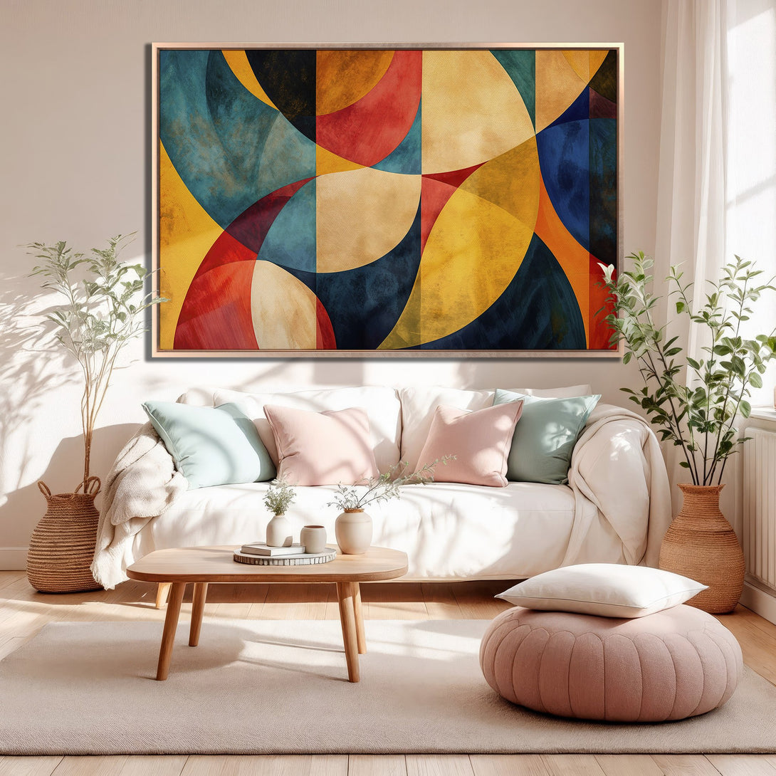 Framed Wall Art featuring abstract geometric design in warm, inviting colors. Enhance your living room with this modern Canvas Print!