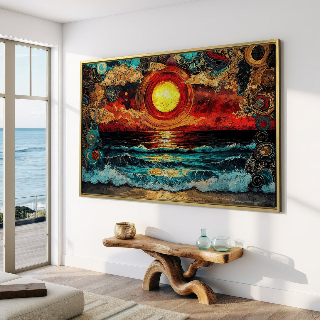 Abstract Canvas Print of a sunset over the ocean. Bold red, gold, and blue color palette. Perfect for adding artistic flair to your home decor.