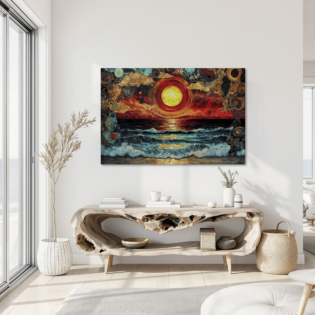 Framed Wall Art of sunset over ocean in vibrant red, orange, and teal. Modern abstract style Canvas Print to elevate your home decor.