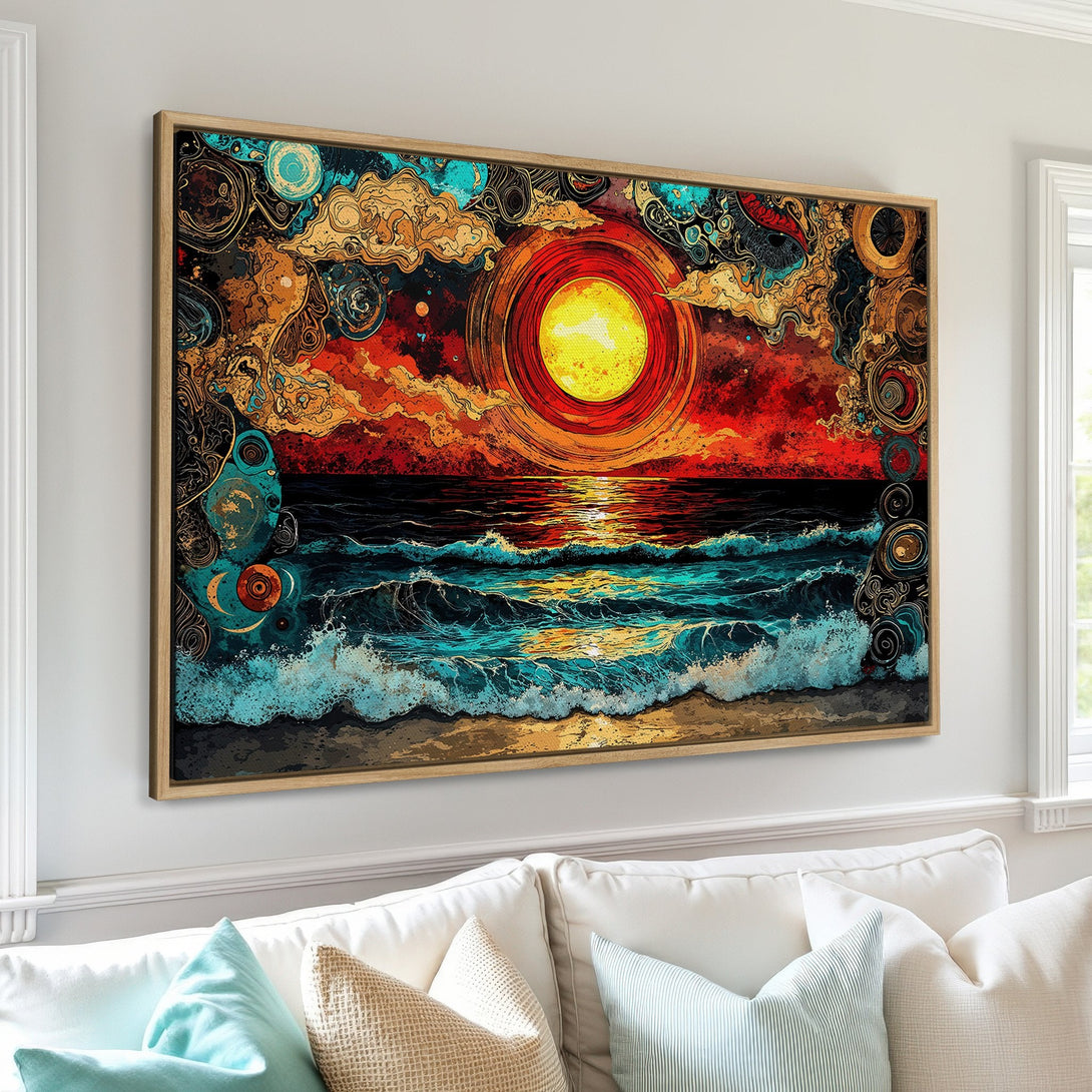Framed Wall Art of a vibrant sunset over ocean waves. Artistic, colorful canvas print with red, orange, and turquoise hues. Perfect for a modern home decor.
