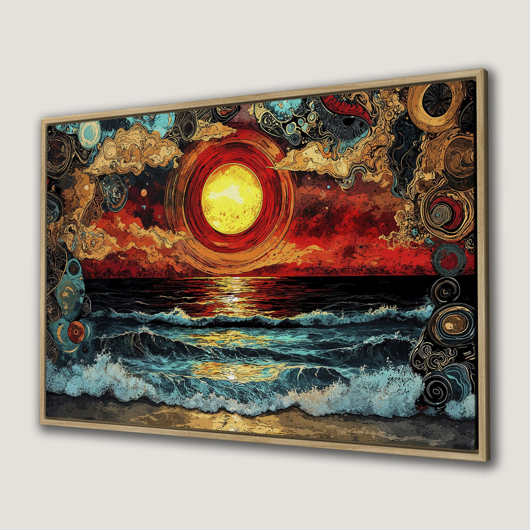 Framed Wall Art Canvas Print featuring a vibrant sunset over ocean waves. Artistic style with a warm red, gold, and blue color palette. Perfect for home decor.