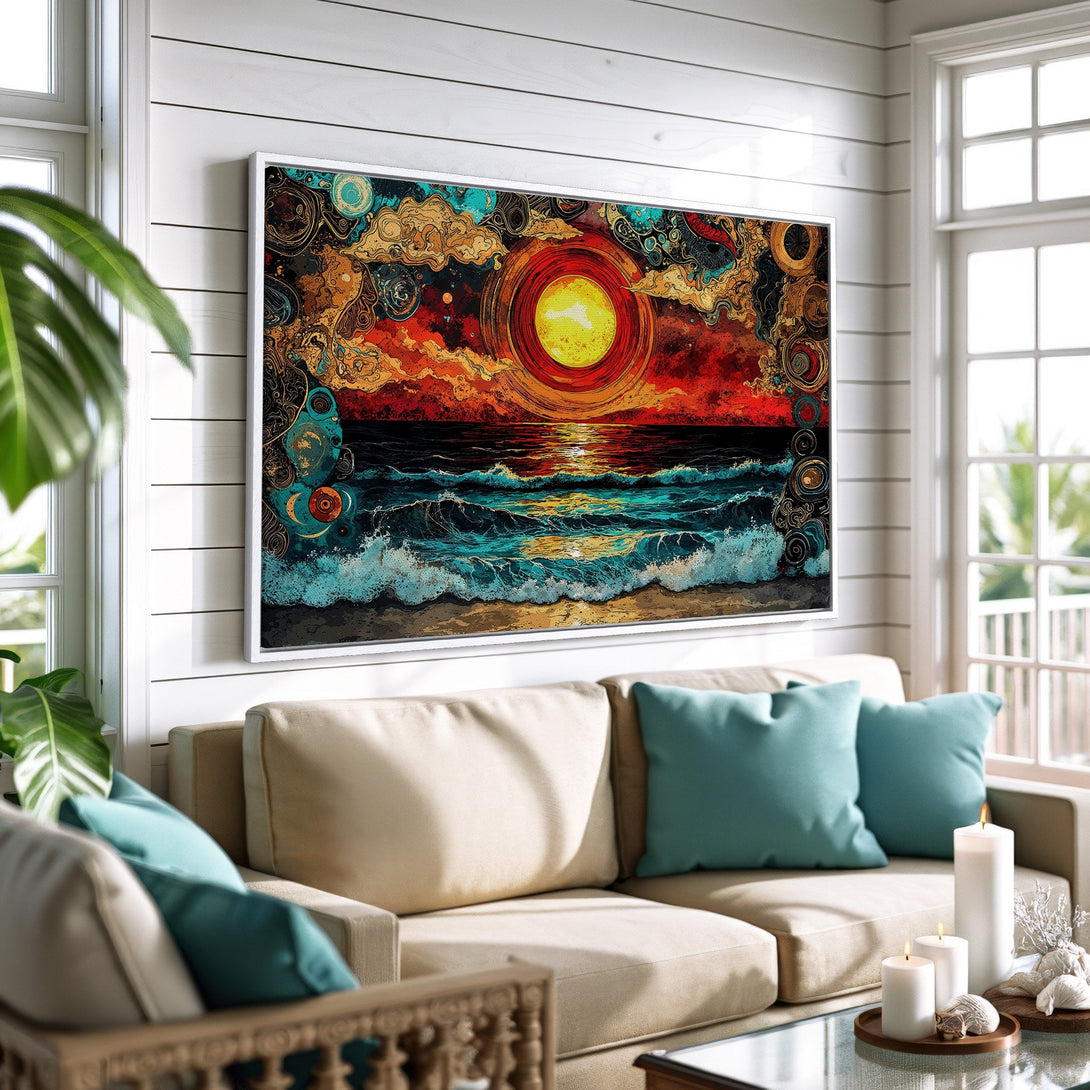 Framed Wall Art: Abstract sunset over ocean. Vibrant red, orange, and teal color palette. Perfect for coastal decor.