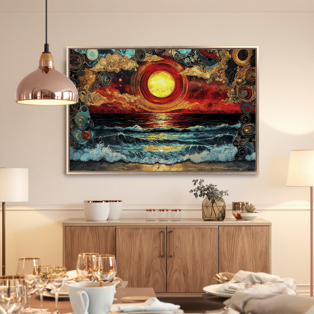 Framed Wall Art: Abstract sunset over ocean. Bold, colorful art in red, gold, and blue. Elevate your space with stunning wall decor!