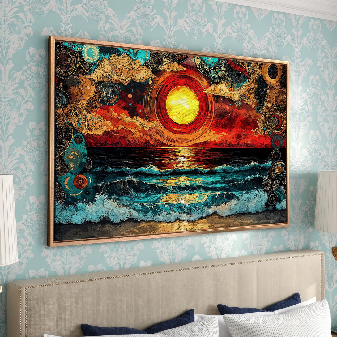 Framed Wall Art: Abstract sunset over ocean, vibrant colors of red, orange, and teal. Modern art for home decor.