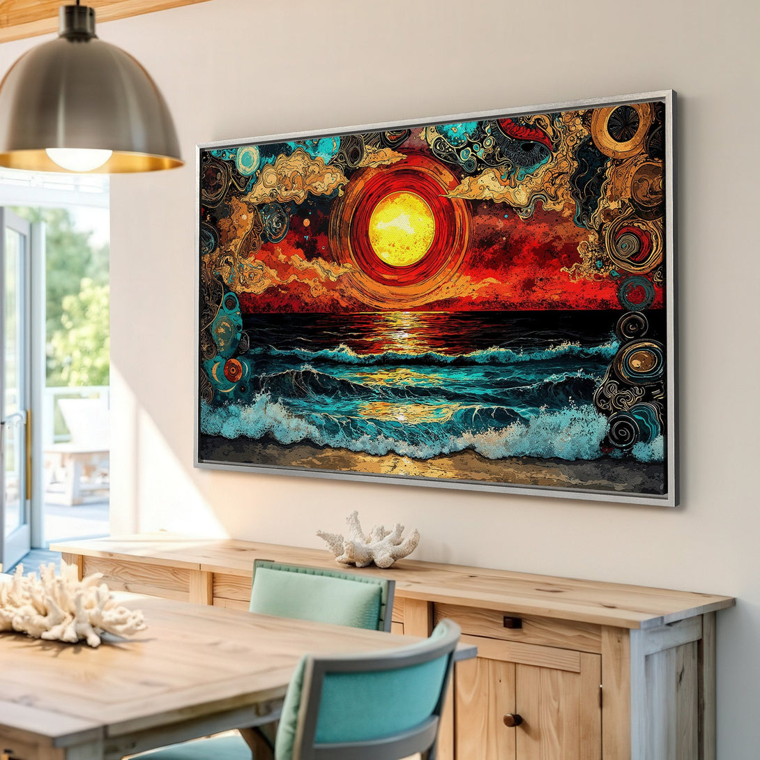 Framed Wall Art: Abstract sunset canvas print in vibrant red, orange, and teal. Modern artwork adds a pop of color to any interior. Shop now!