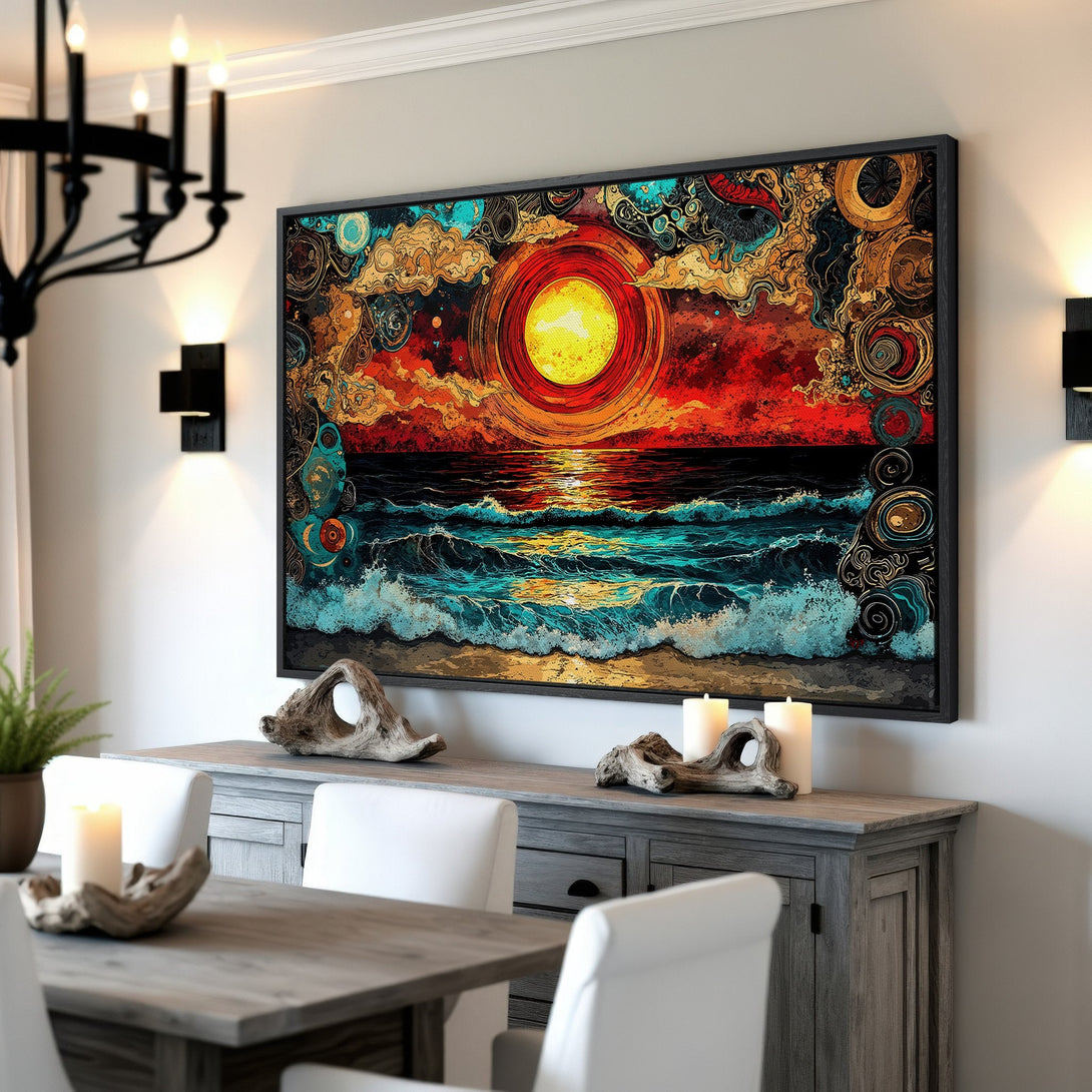 Framed Wall Art: Abstract sunset over ocean canvas print. Bold colors of red, orange, and teal. Perfect for adding a statement piece to your home decor.