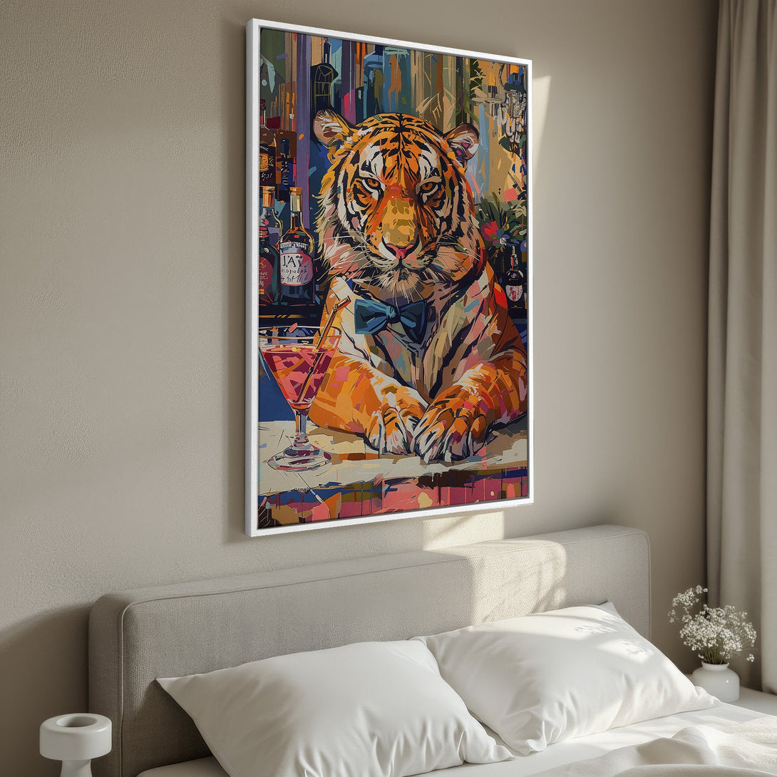 Framed Wall Art featuring a dapper tiger with a cocktail, in a vibrant, abstract style with orange, blue, and pink hues. Perfect for adding personality to your space.