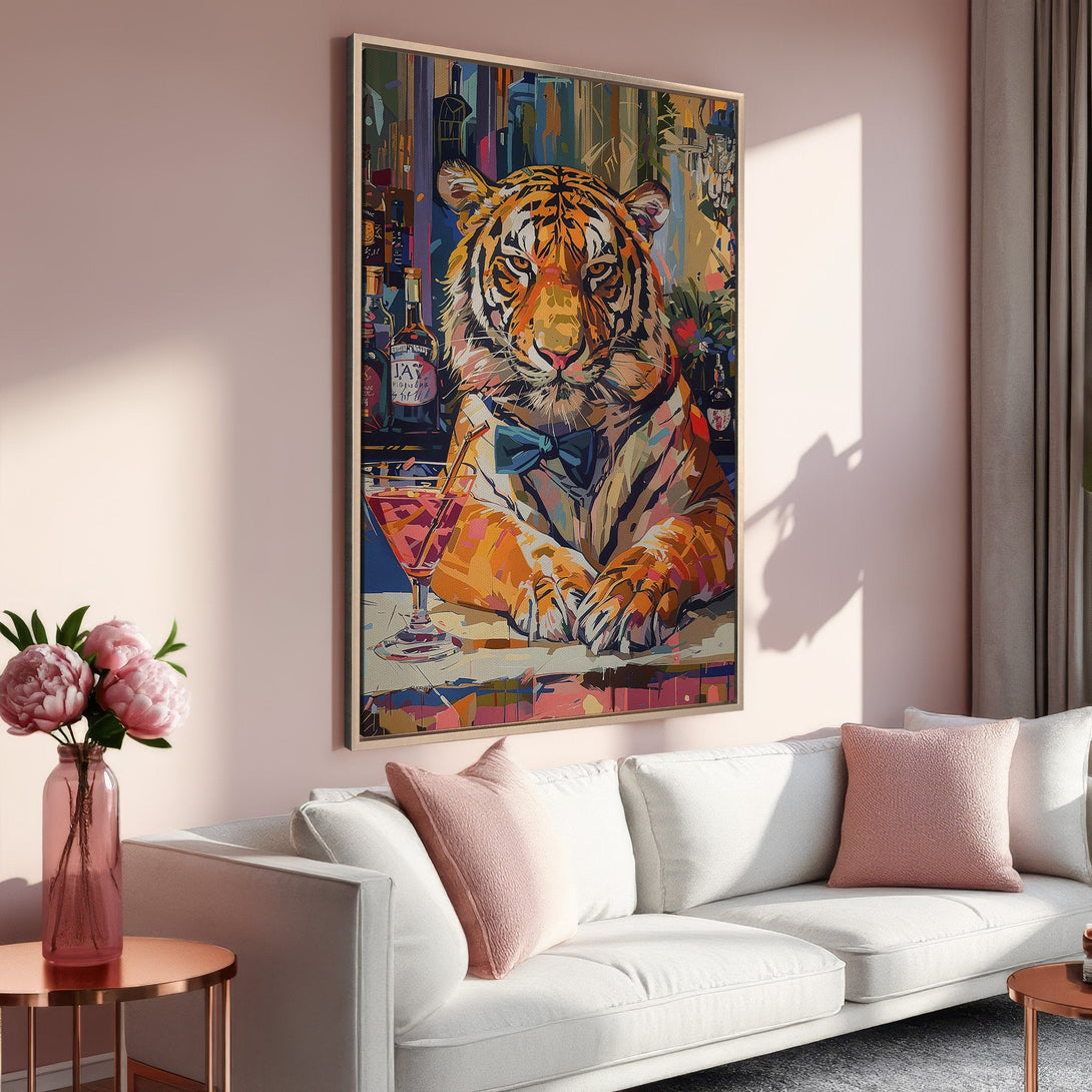 Framed Wall Art: Stylish tiger print in vibrant orange and blue hues. Modern art for living room decor. Adds a pop of color to any space.