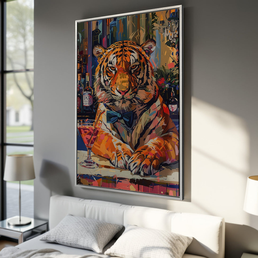 Framed Wall Art featuring a stylish tiger in a bar setting. Vibrant orange, blue, and red color palette, perfect for adding a pop of personality to your home decor.