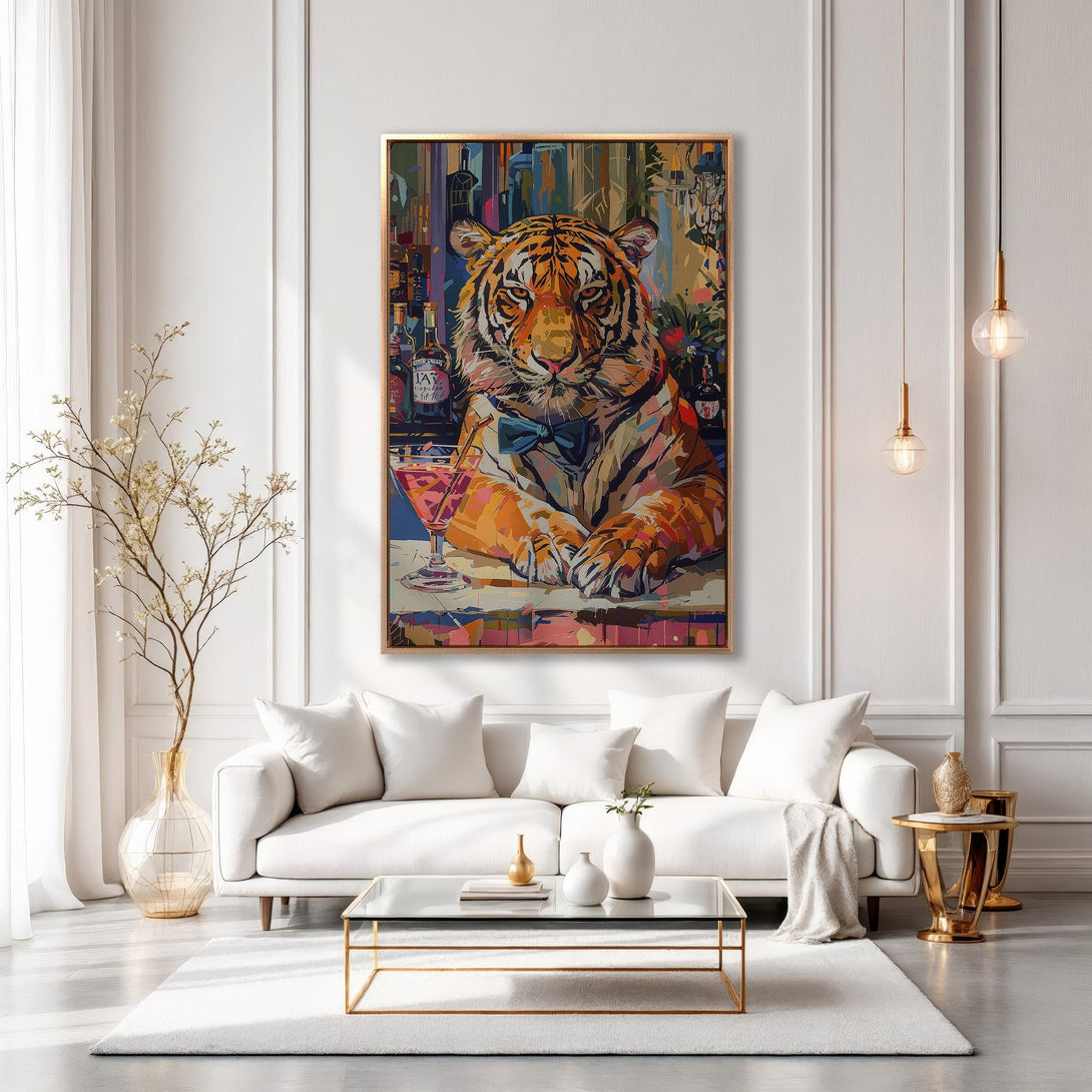Framed Wall Art: Stylish tiger portrait in a modern, colorful style. Perfect for adding a touch of luxury to your home decor. Featuring orange and blue tones.