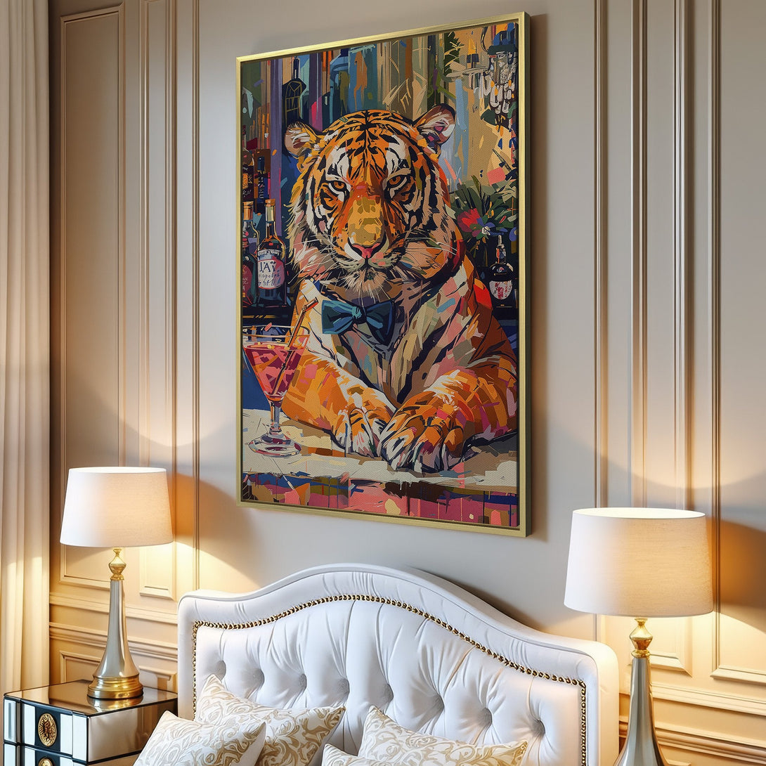 Canvas Print: Stylish tiger in a bow tie at a bar, vibrant pop art style with orange, blue, and pink hues. Perfect wall art for a modern interior.