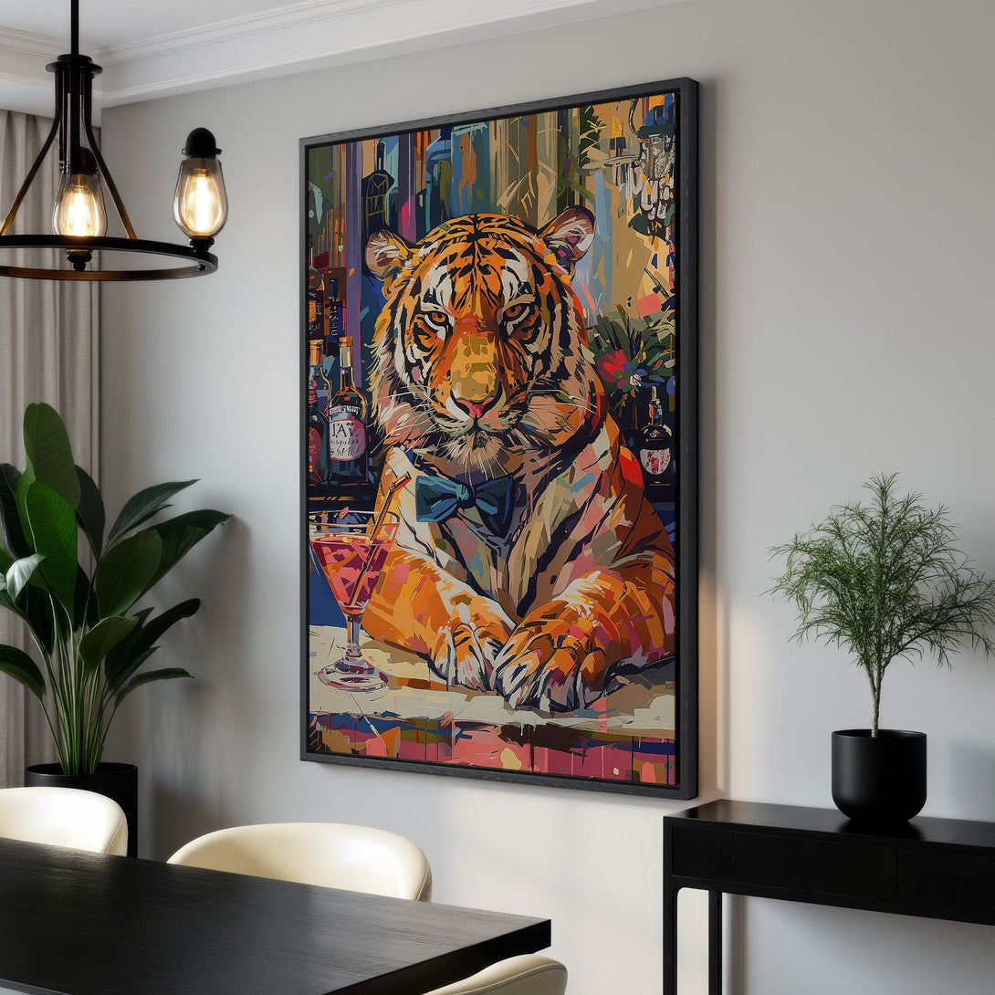 Framed Wall Art: Stylish tiger portrait canvas print with vibrant orange, blue, and pink hues. Modern art for home decor, adds a pop of color and personality.