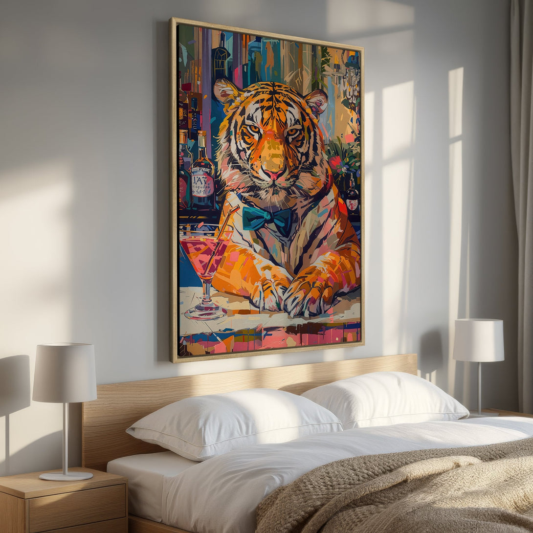 Framed Wall Art: Stylish tiger portrait with vibrant orange and blue hues. Modern art canvas print adds a touch of luxury to any bedroom decor.