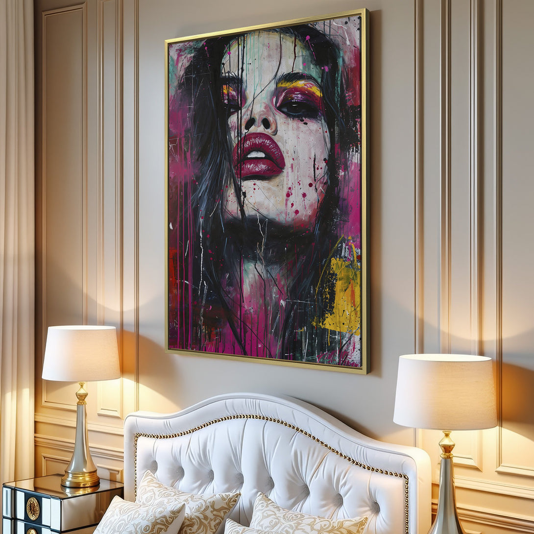 Canvas Print of a woman's face in an abstract, expressive style. Vibrant pink, red, and yellow hues create a bold and modern look.