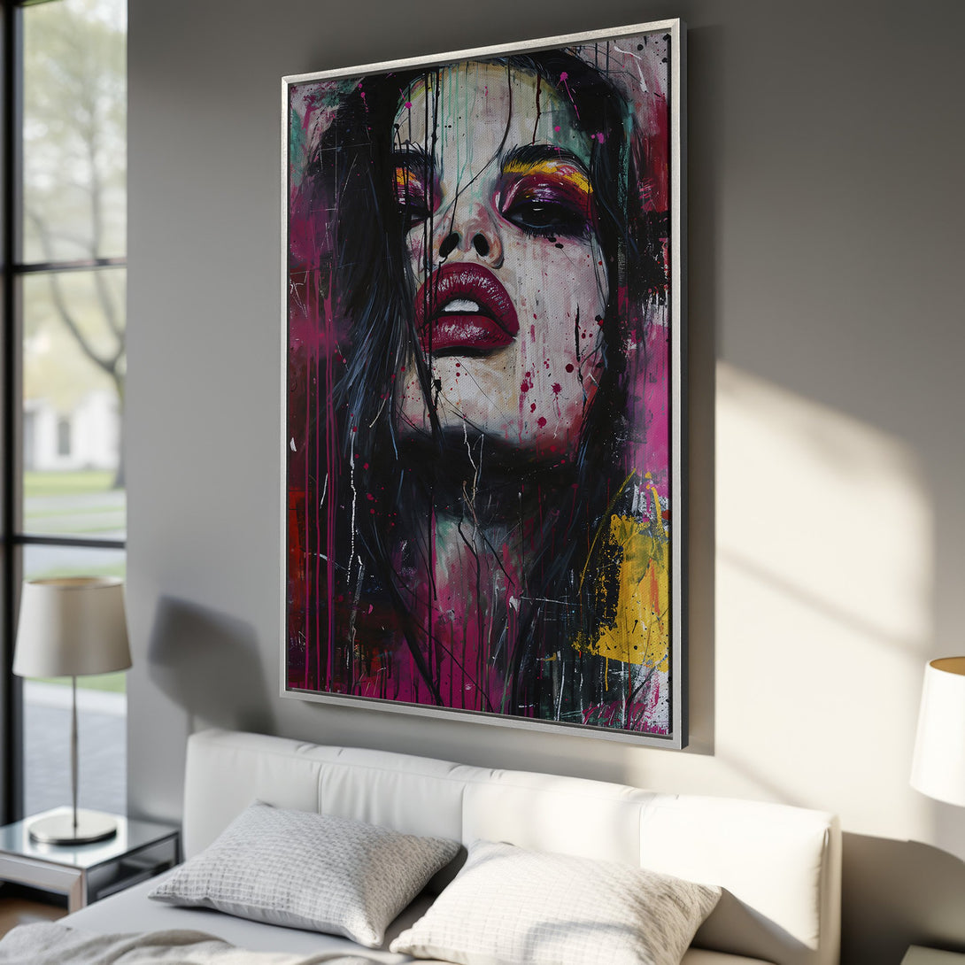 Framed Wall Art: Bold abstract portrait in vibrant pink, yellow, and black. Modern canvas print adds artistic flair to any interior. Shop now!