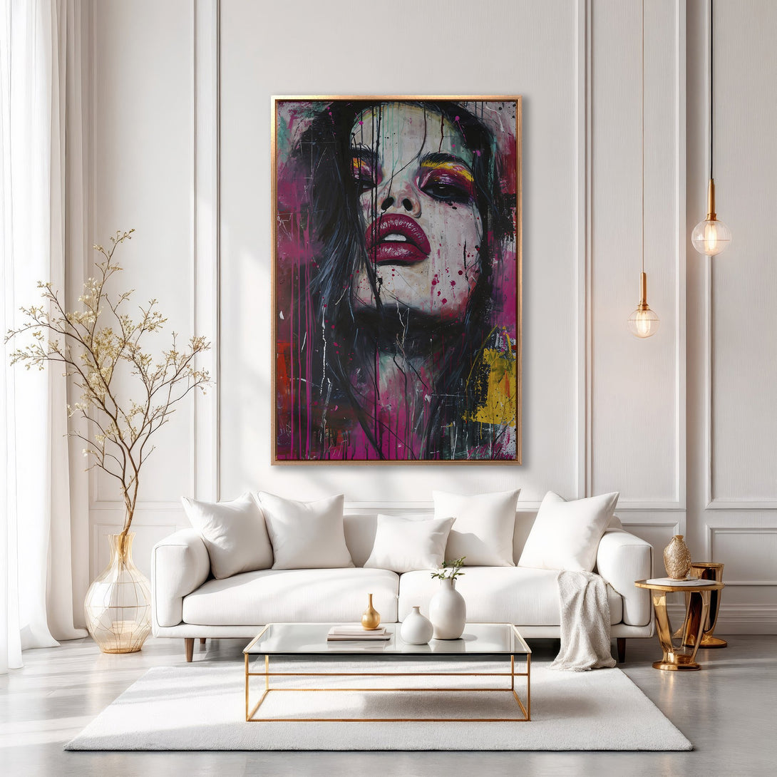 Framed Wall Art: Abstract portrait canvas print with bold pink, red, and yellow hues. Modern art for living room decor.