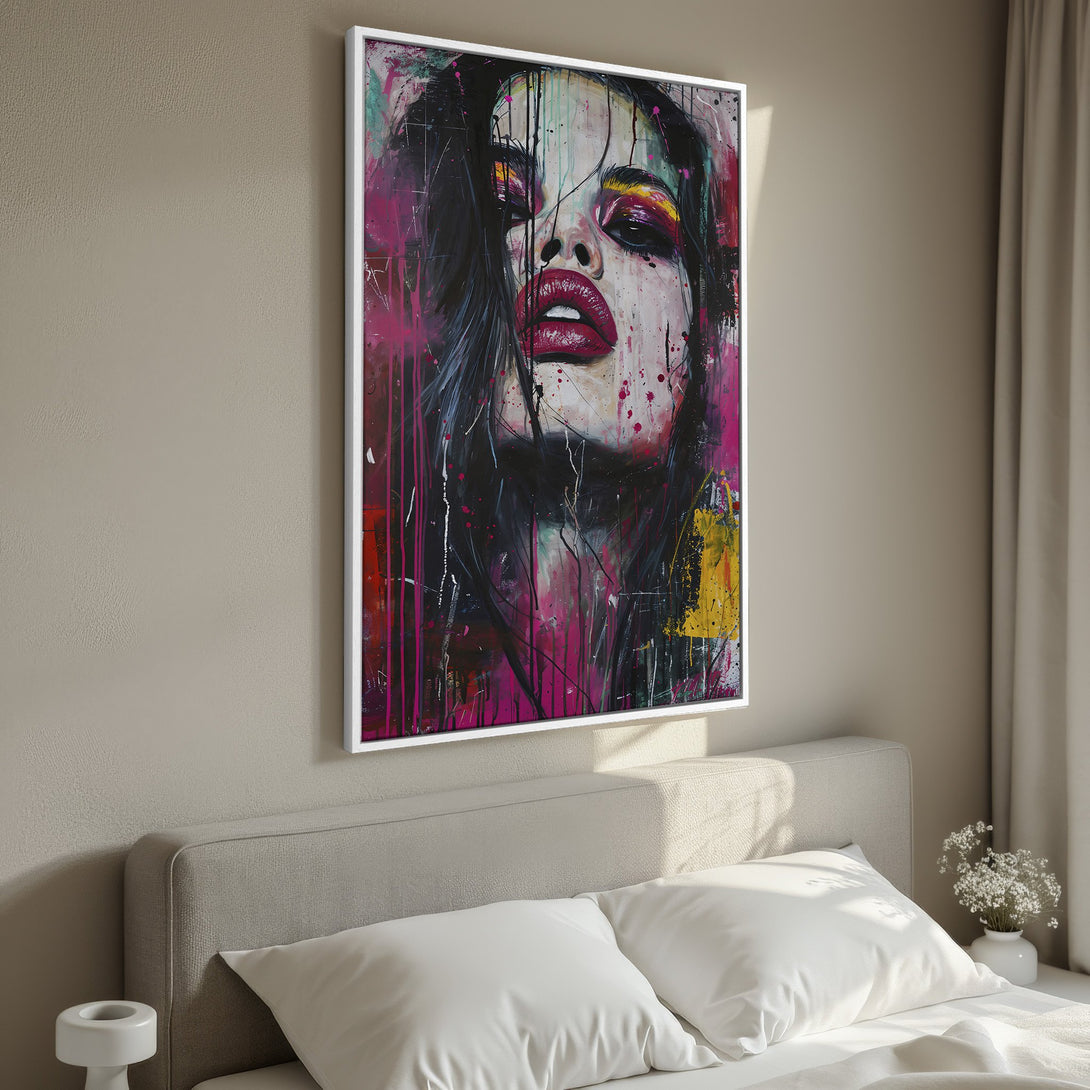 Framed Wall Art: Bold woman's portrait in vibrant pink, yellow, and black abstract style. Perfect for adding a pop of color to your bedroom decor.