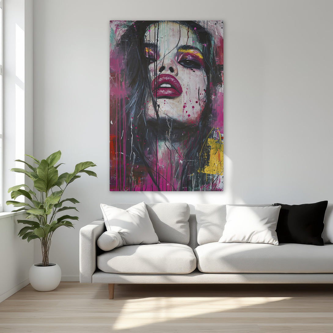 Framed Wall Art: Bold abstract portrait in vibrant pinks, reds, and yellows. Modern art canvas print adds a pop of color to any bedroom decor.