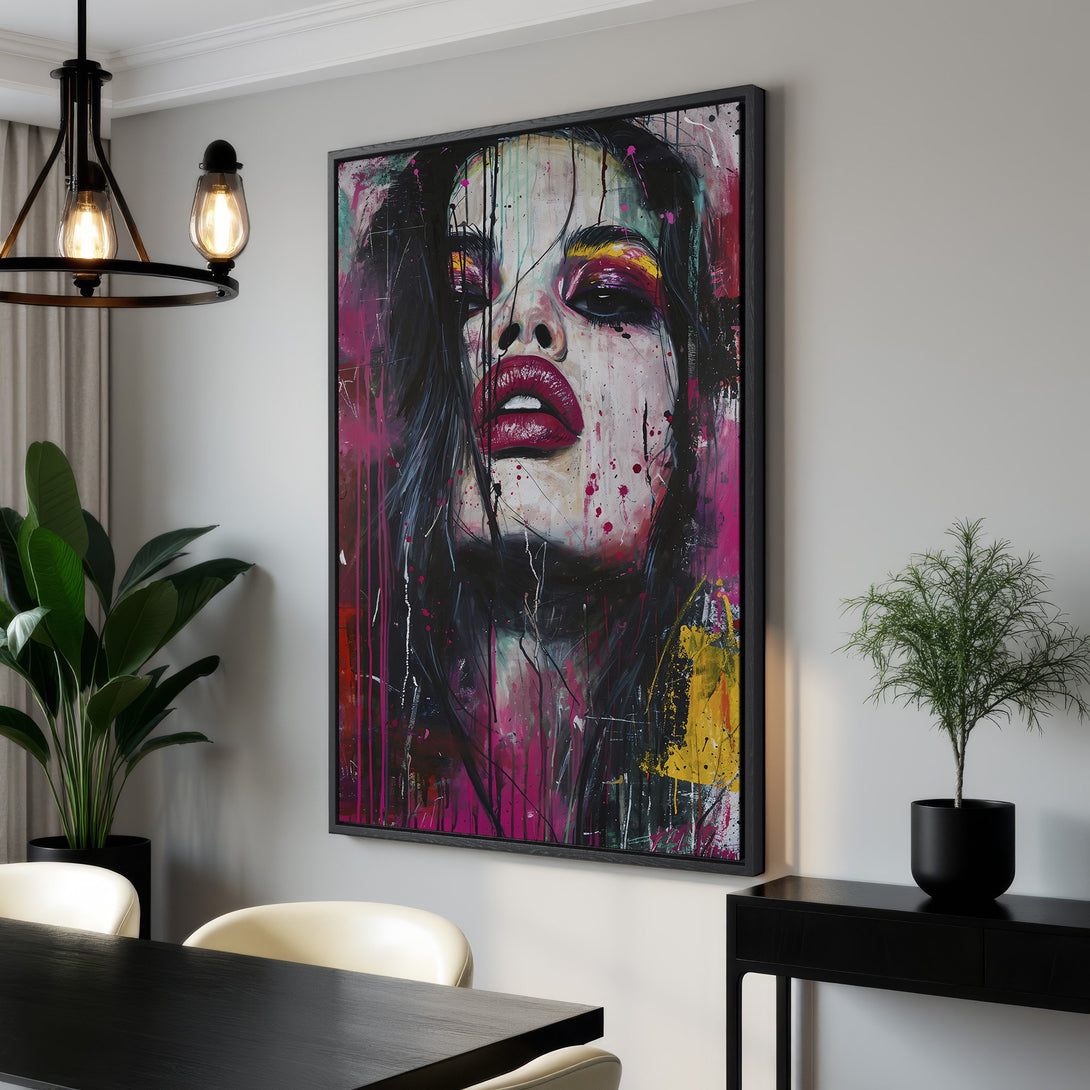 Framed Wall Art: Abstract portrait in vibrant pink, yellow, and black. Modern art canvas print adds a bold statement to any interior space.