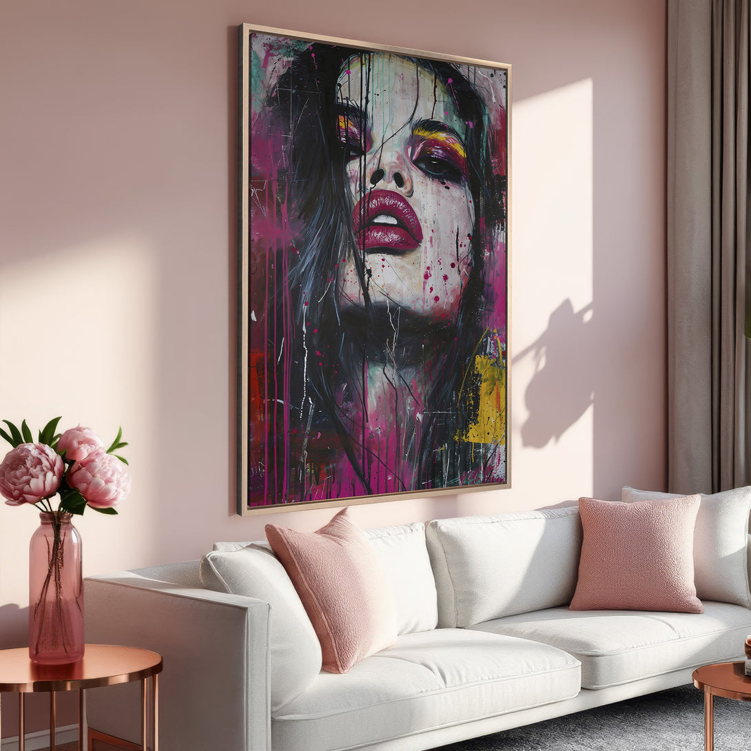Framed Wall Art: Abstract portrait in pink and black. Modern canvas print adds a pop of color to any room. Shop now!