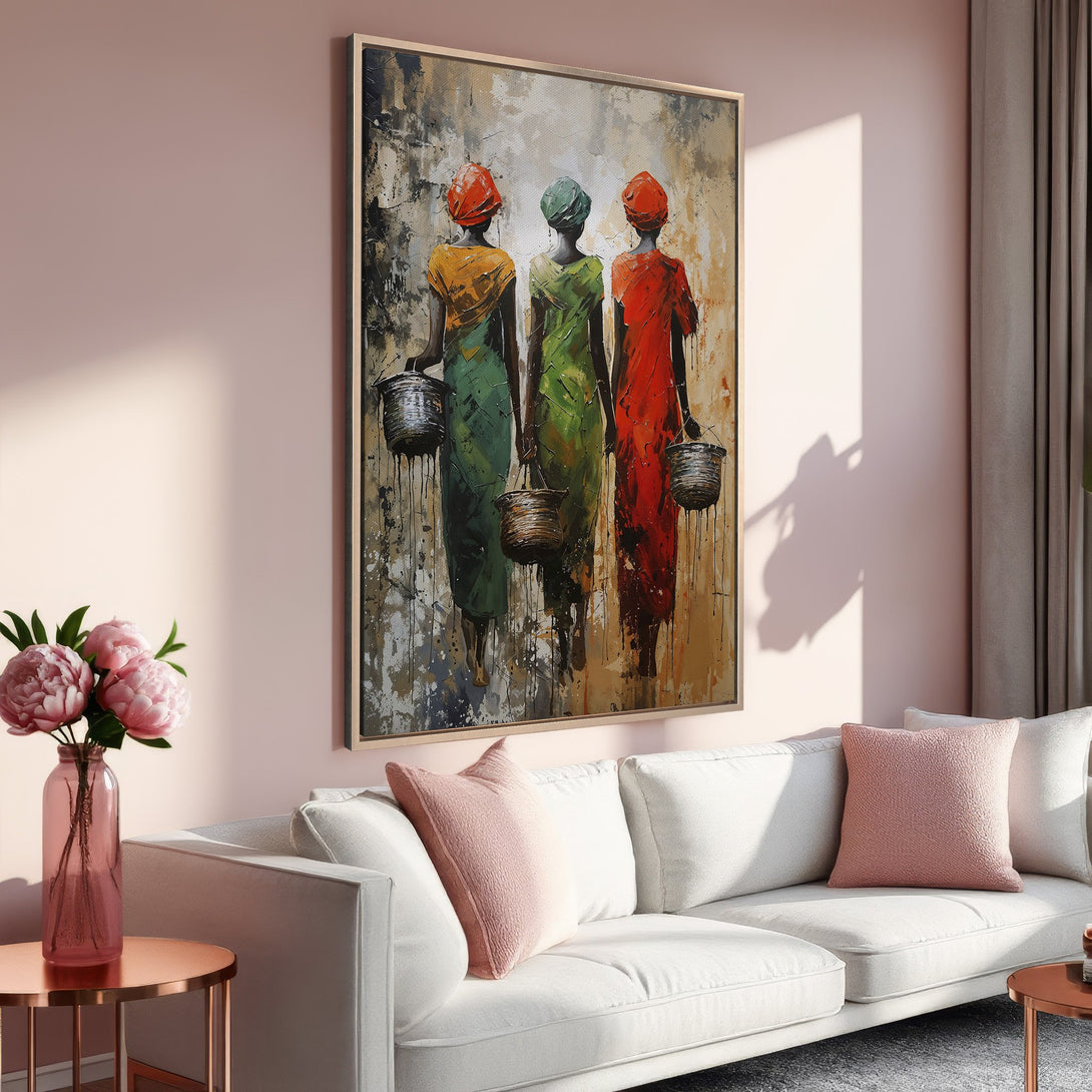 Framed Wall Art featuring abstract figures in vibrant colors. Modern canvas print with warm, earthy tones and a touch of pink, perfect for home decor.