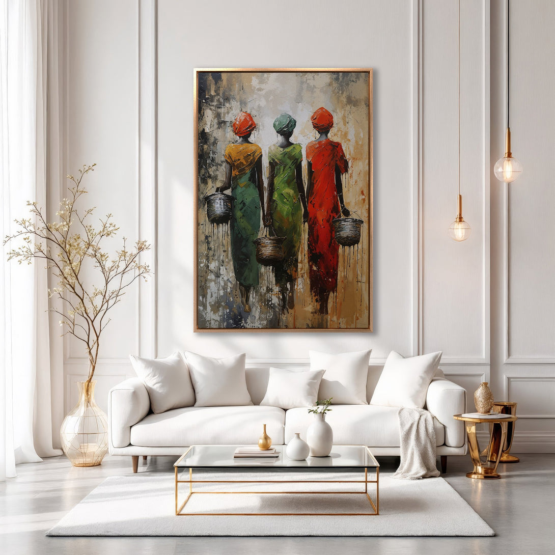 Framed Wall Art: Abstract painting of women in colorful dresses. Modern art with red, green, and yellow tones. Adds elegance to any living room.