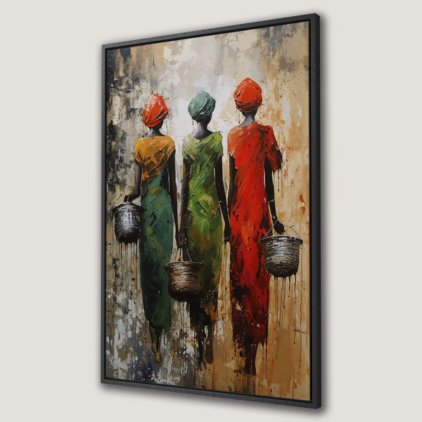 Framed Wall Art: Abstract painting of African women in colorful dresses. Warm tones of orange, green, and red. Modern art for home decor.