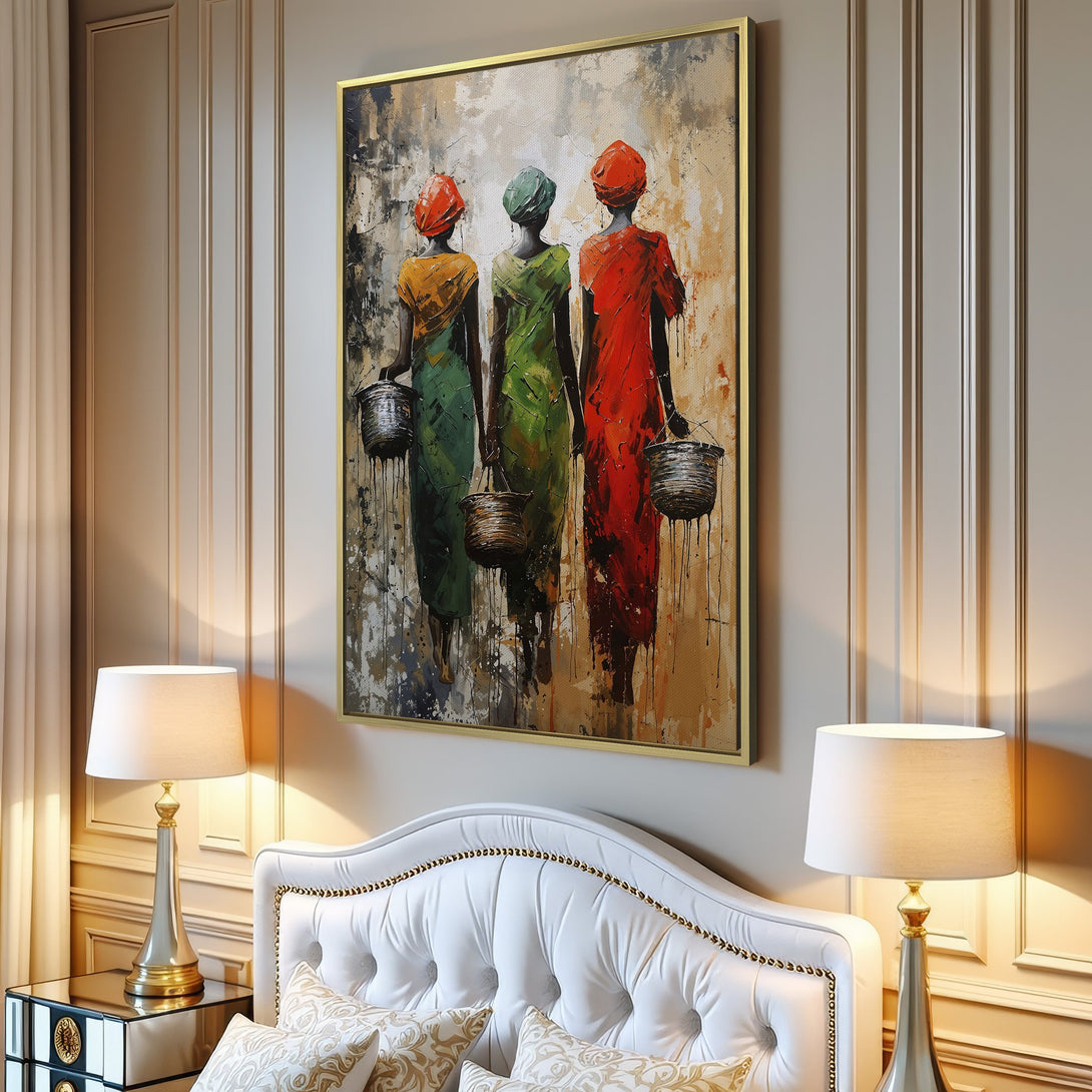 Canvas Print: Abstract art of women with baskets in vibrant colors. Perfect wall decor for a modern living room.