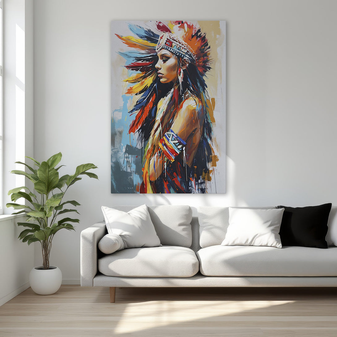 Framed Wall Art featuring a Native American woman in vibrant colors. Modern abstract style with a warm, inviting color palette. Perfect wall decor!