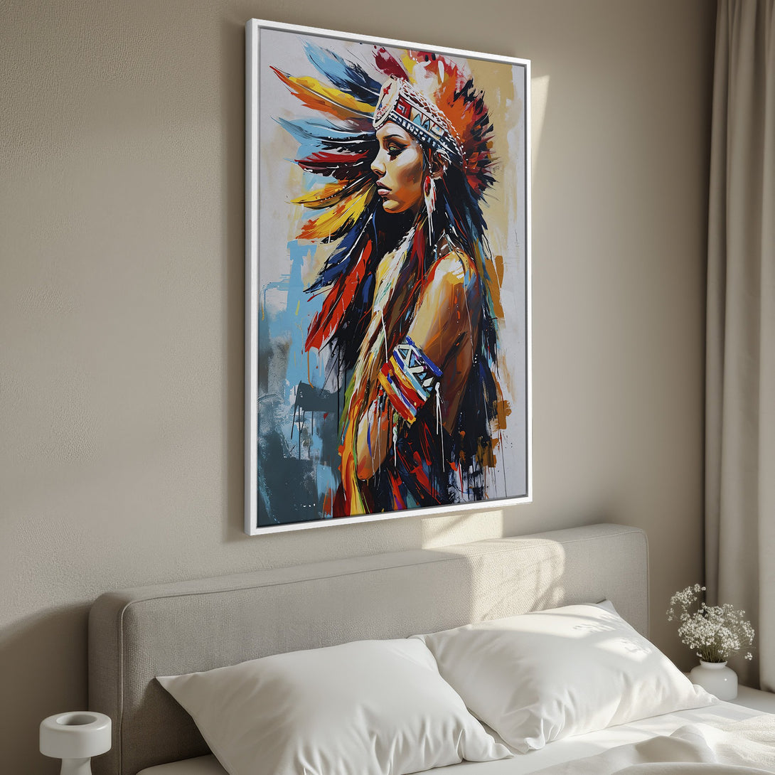 Framed Wall Art: Stunning Native American woman portrait. Abstract style with vibrant colors. Perfect bedroom decor. Shop now for unique wall art!